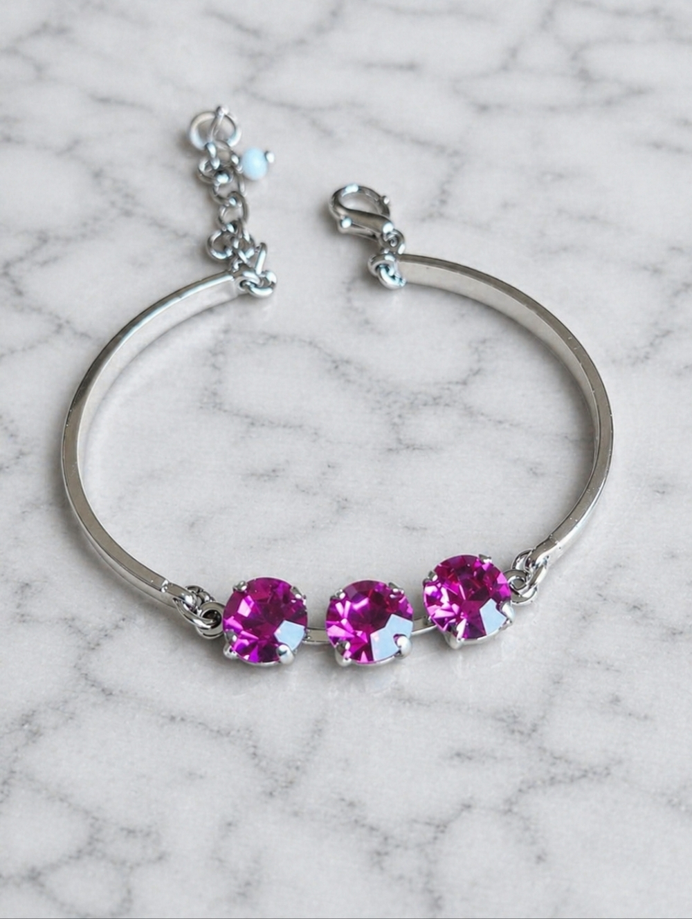 Silver Bar Bracelet with Three Fuchsia Crystals | Hand Crafted